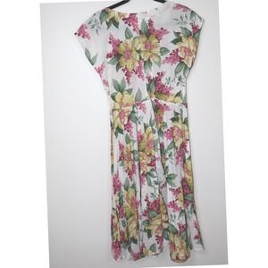Lazybones Dress Size Large Floral Ivory Pink Cotton‎ Midi Cap Sleeve